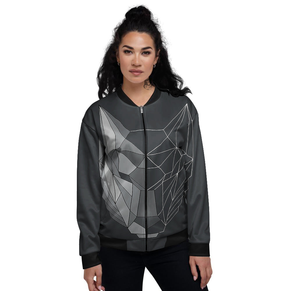 Wolf Geometric Dark Print Women's Bomber Jacket-grizzshop