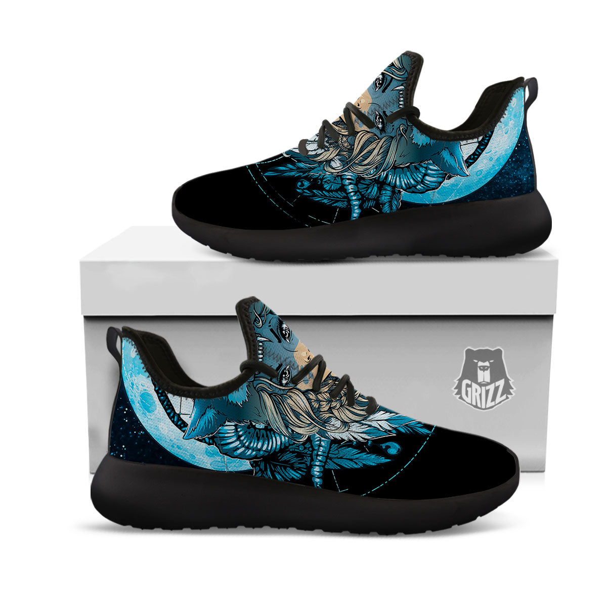 Wolf Girl Native American Print Black Athletic Shoes-grizzshop