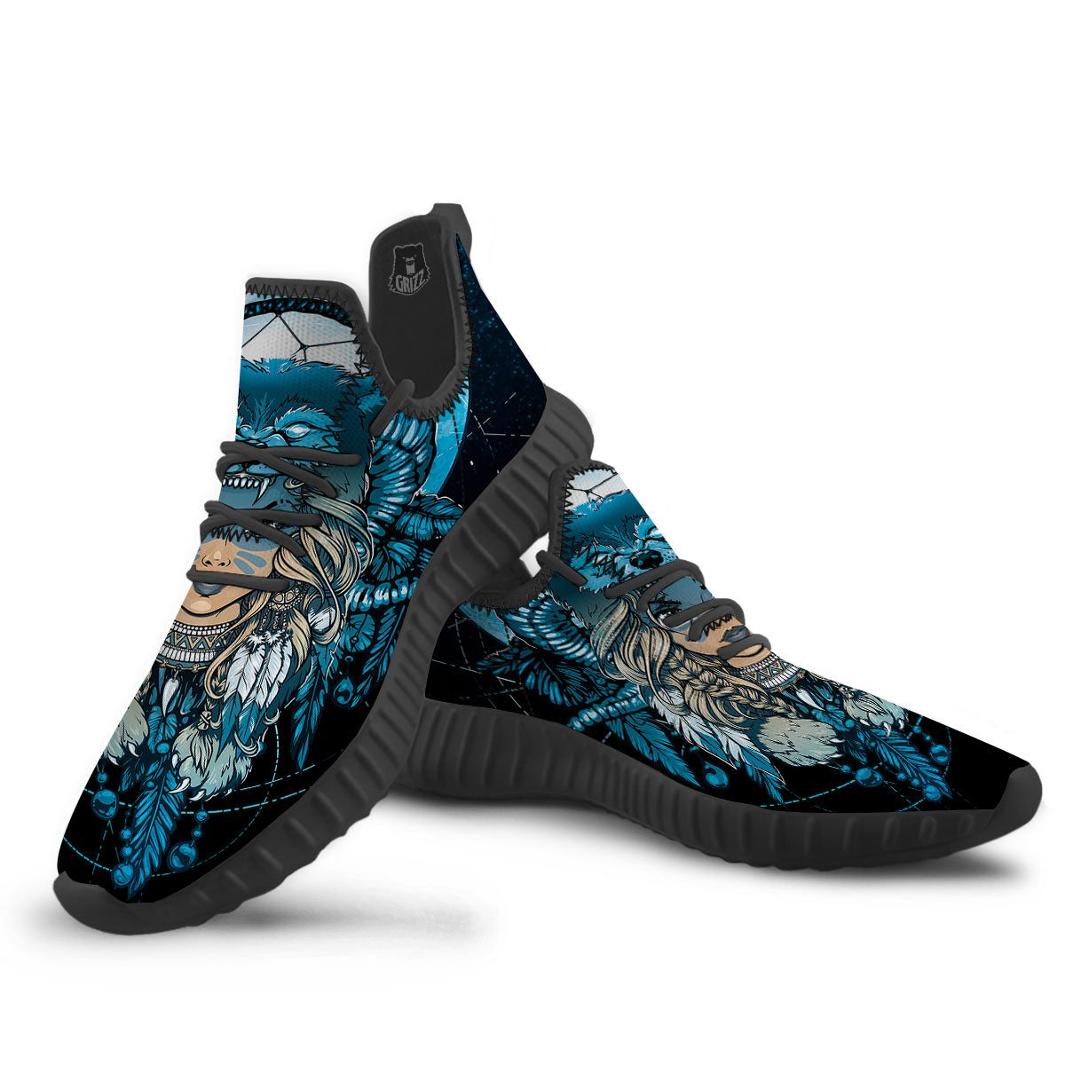 Wolf Girl Native American Print Black Walking Shoes-grizzshop
