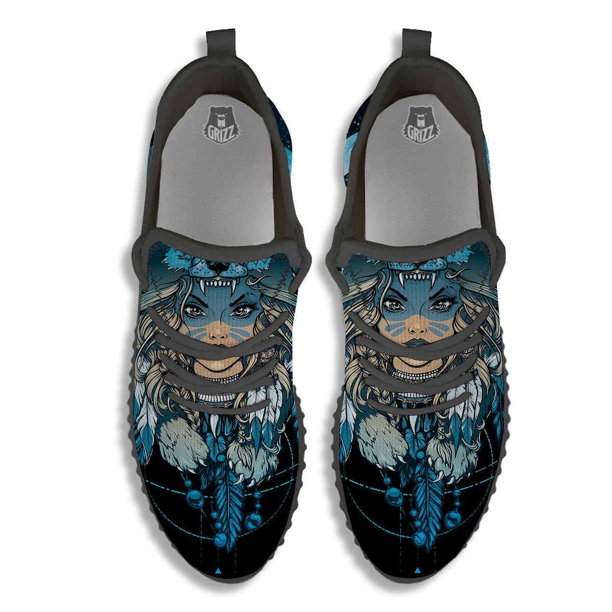Wolf Girl Native American Print Black Walking Shoes-grizzshop