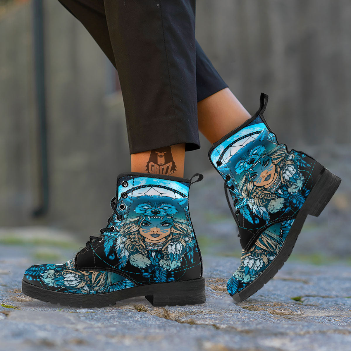 Wolf Girl Native American Print Leather Boots-grizzshop