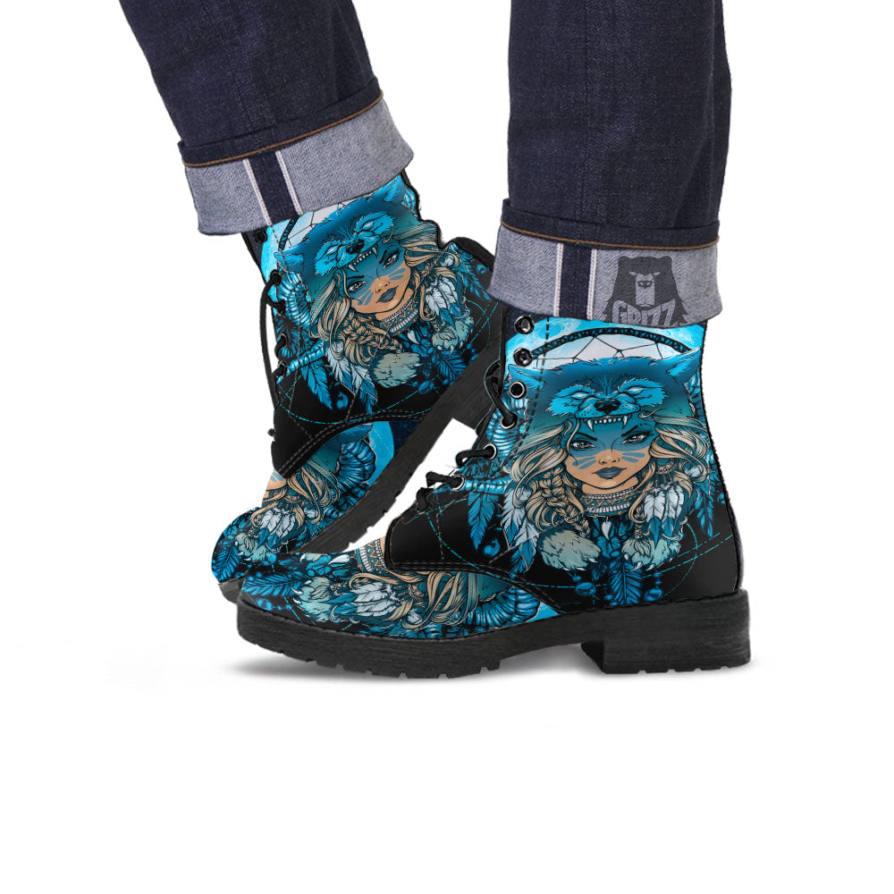 Wolf Girl Native American Print Leather Boots-grizzshop
