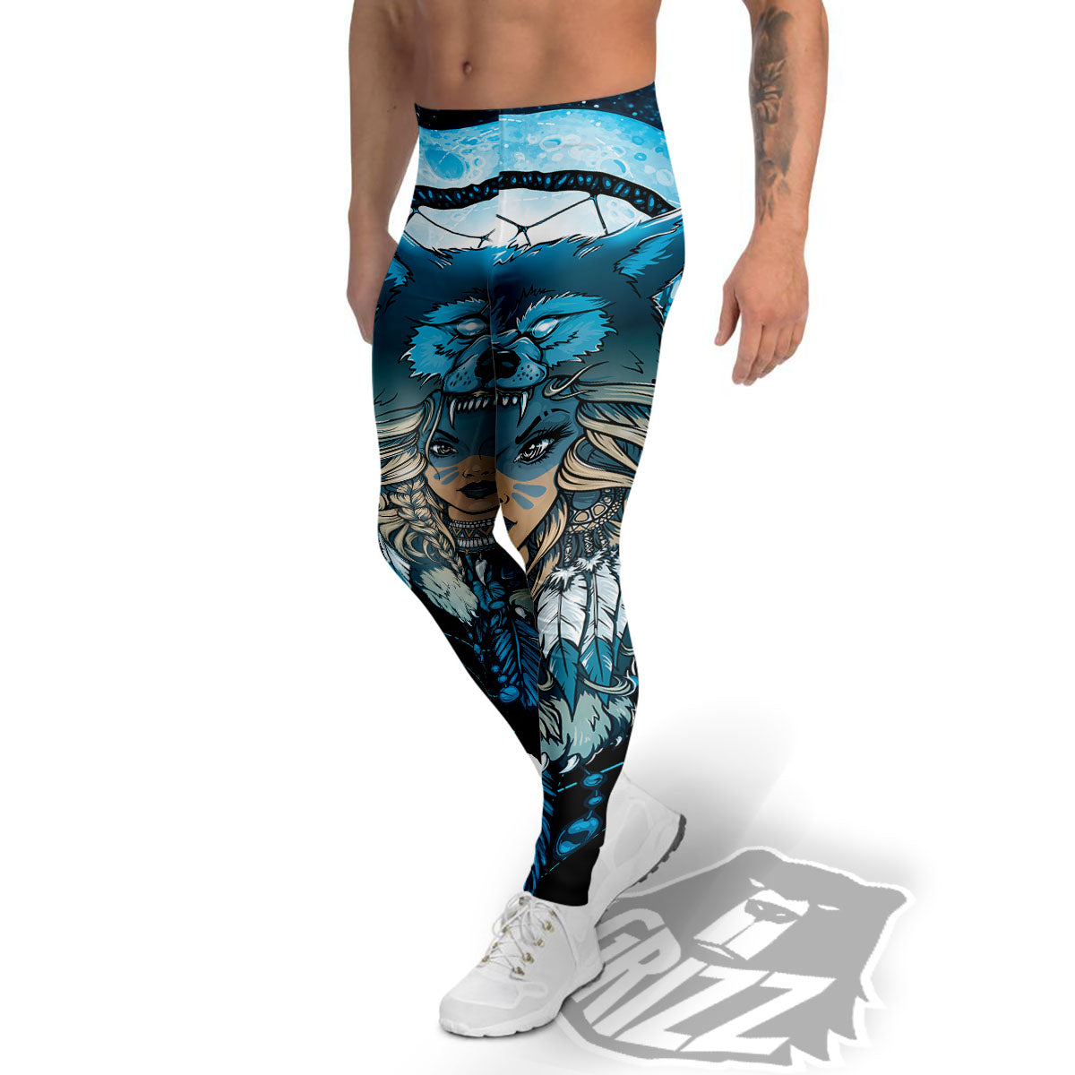 Wolf Girl Native American Print Men's Leggings-grizzshop