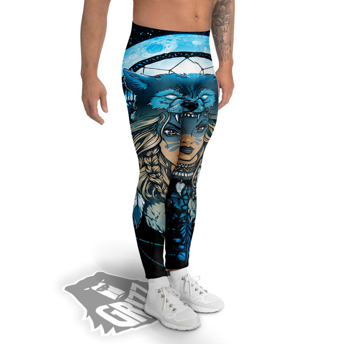 Wolf Girl Native American Print Men's Leggings-grizzshop