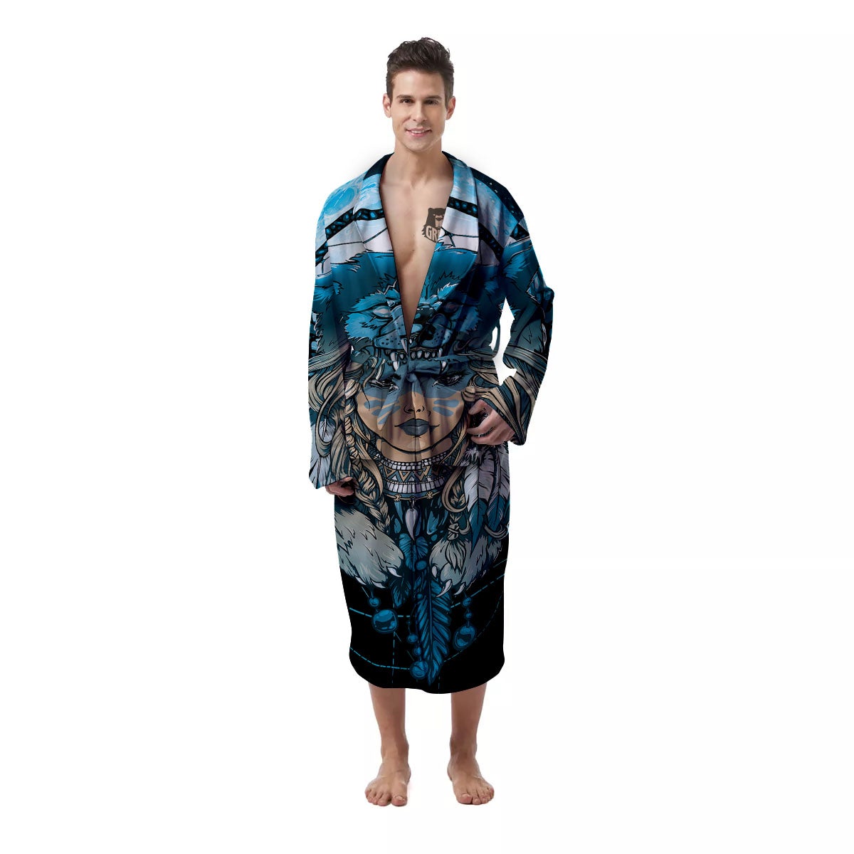 Wolf Girl Native American Print Men's Robe-grizzshop