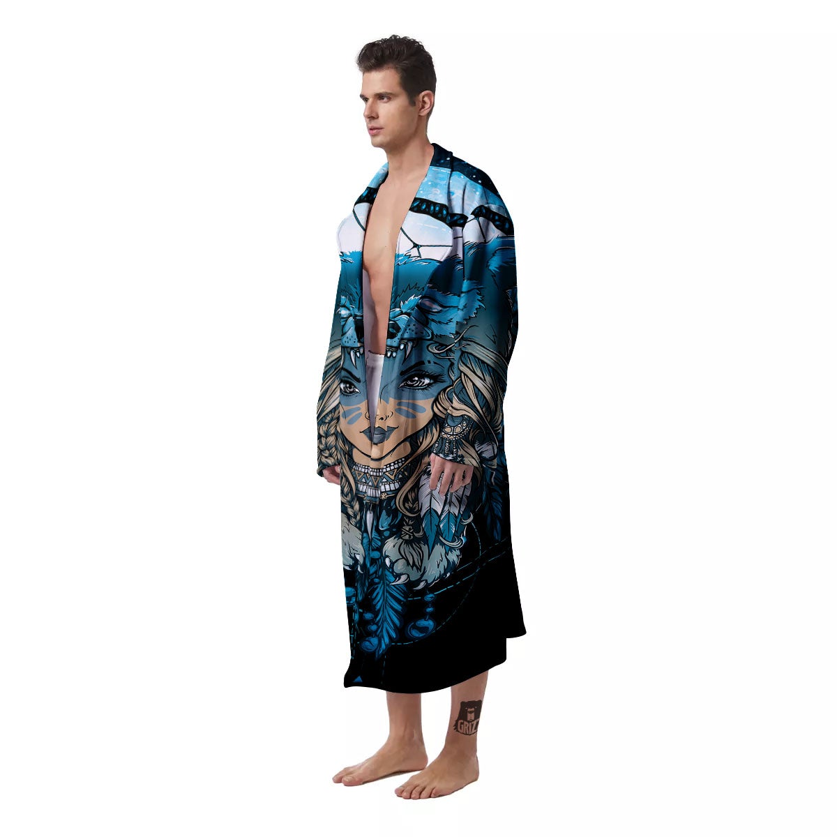 Wolf Girl Native American Print Men's Robe-grizzshop