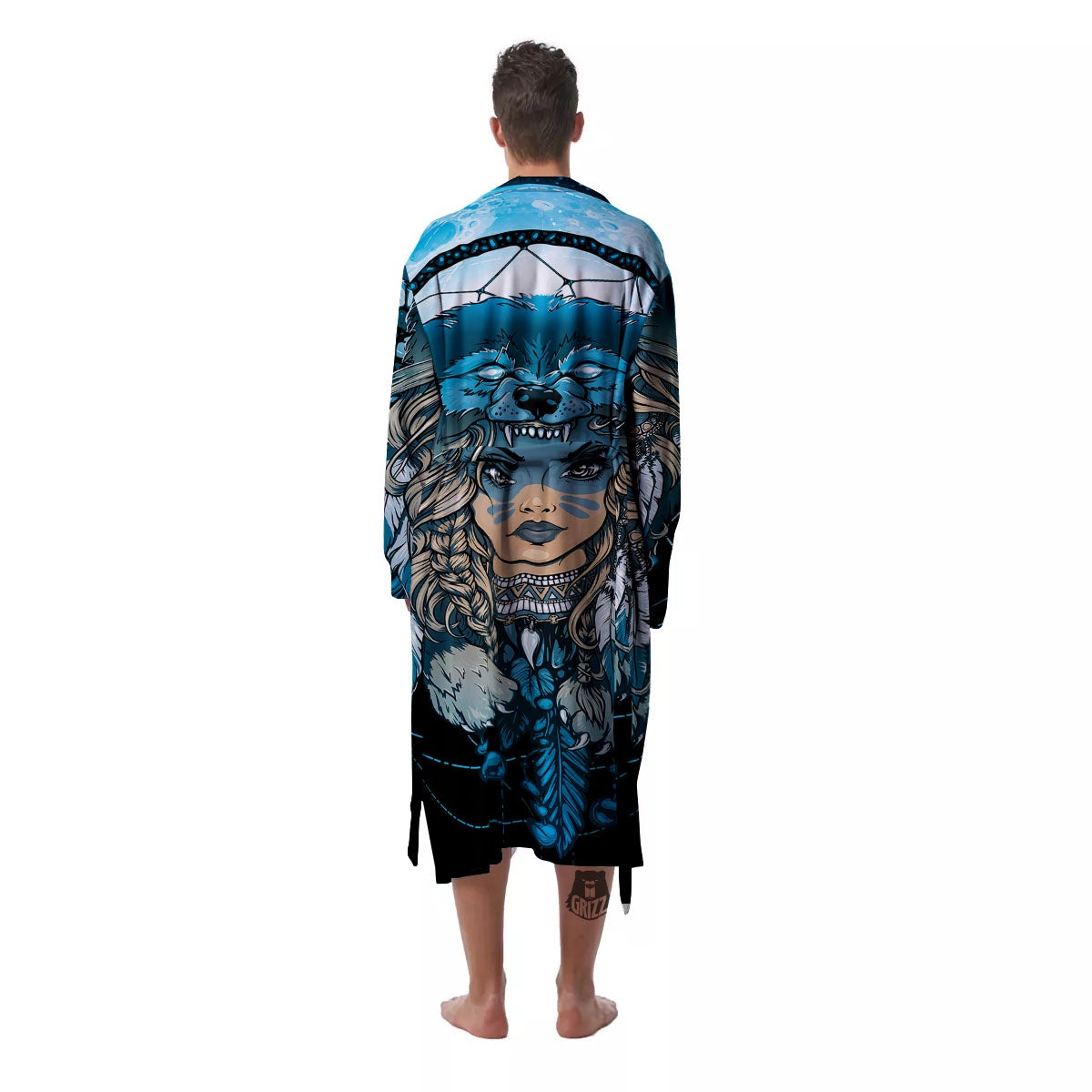 Wolf Girl Native American Print Men's Robe-grizzshop