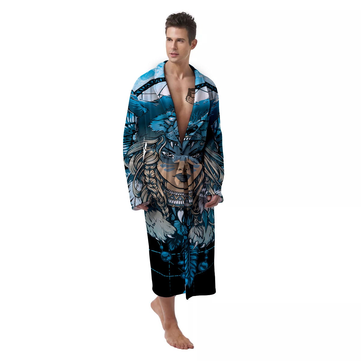 Wolf Girl Native American Print Men's Robe-grizzshop