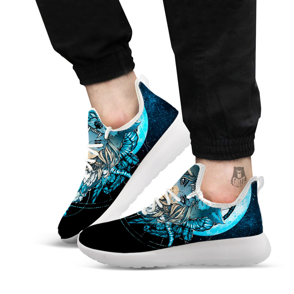 Wolf Girl Native American Print White Athletic Shoes-grizzshop