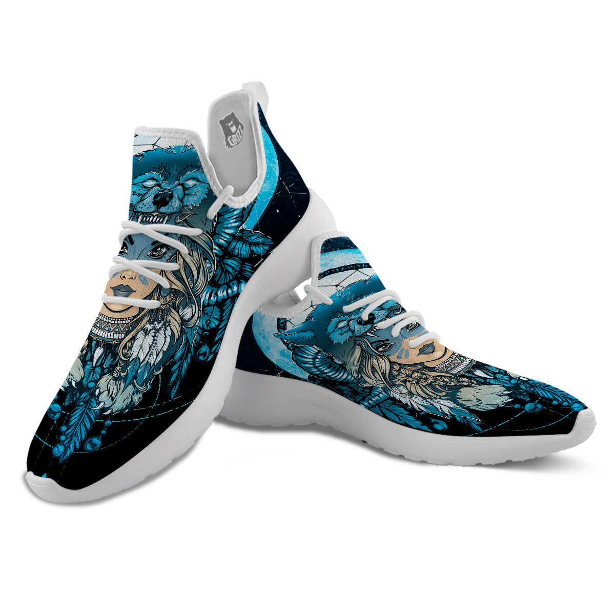 Wolf Girl Native American Print White Athletic Shoes-grizzshop