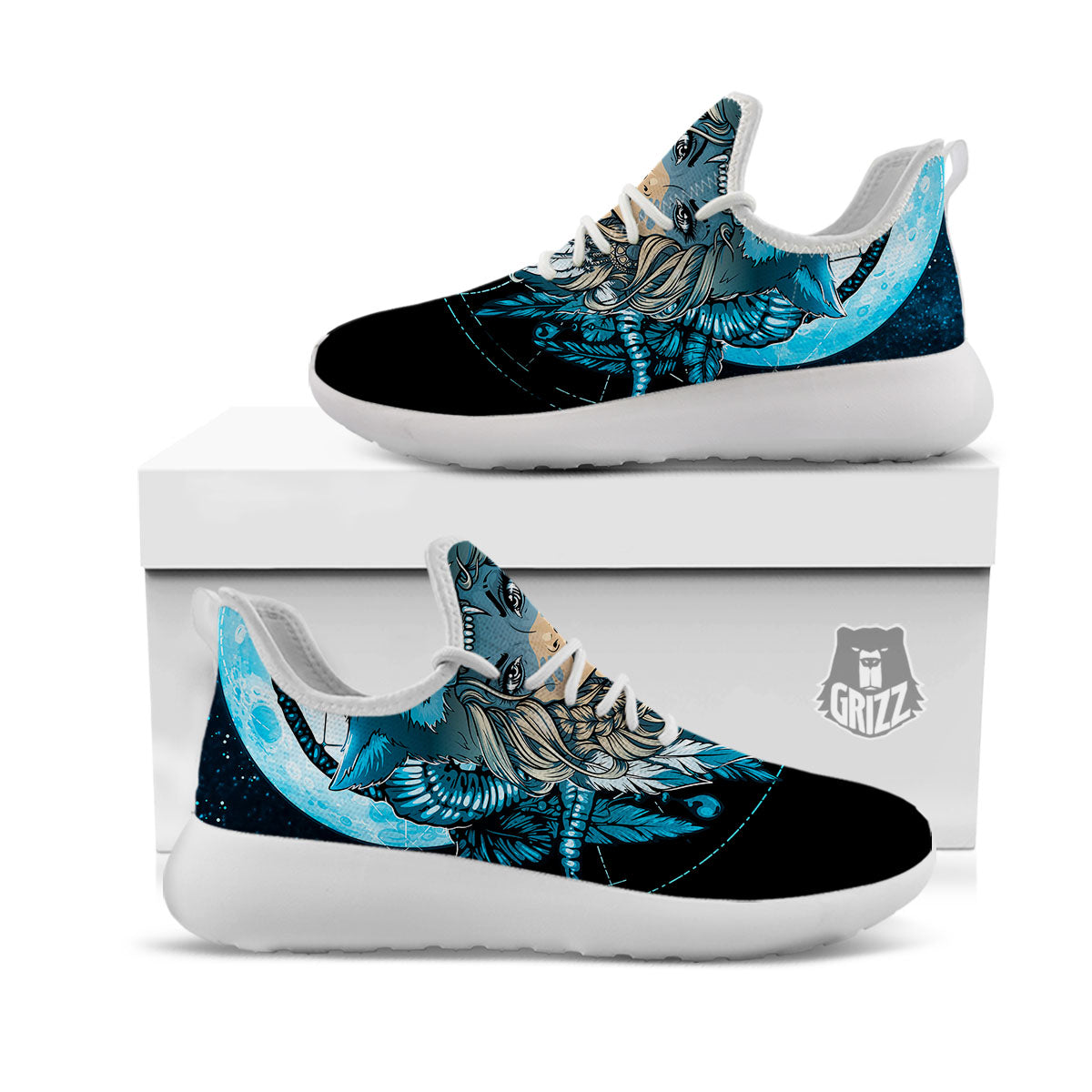 Wolf Girl Native American Print White Athletic Shoes-grizzshop