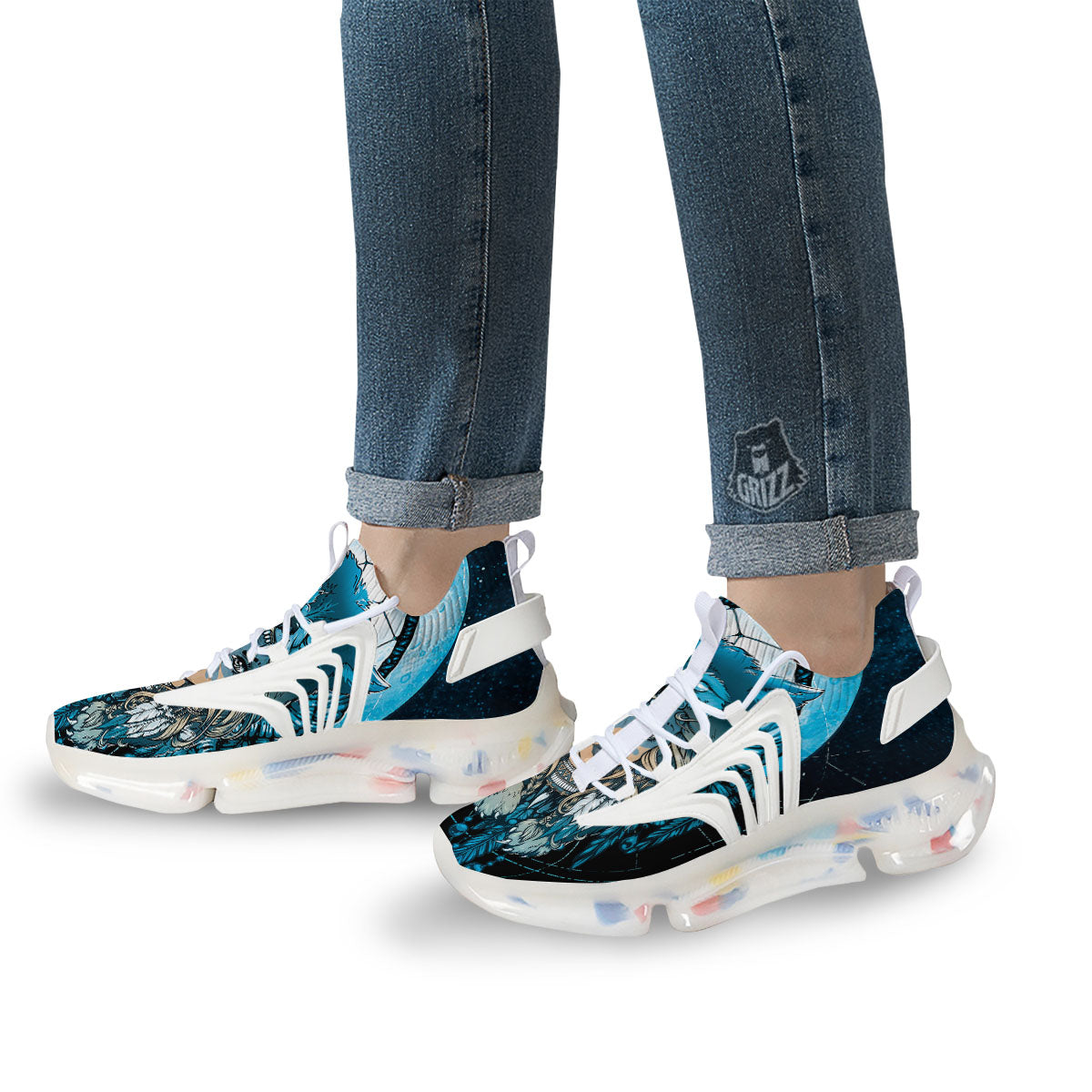 Wolf Girl Native American Print White Gym Shoes-grizzshop