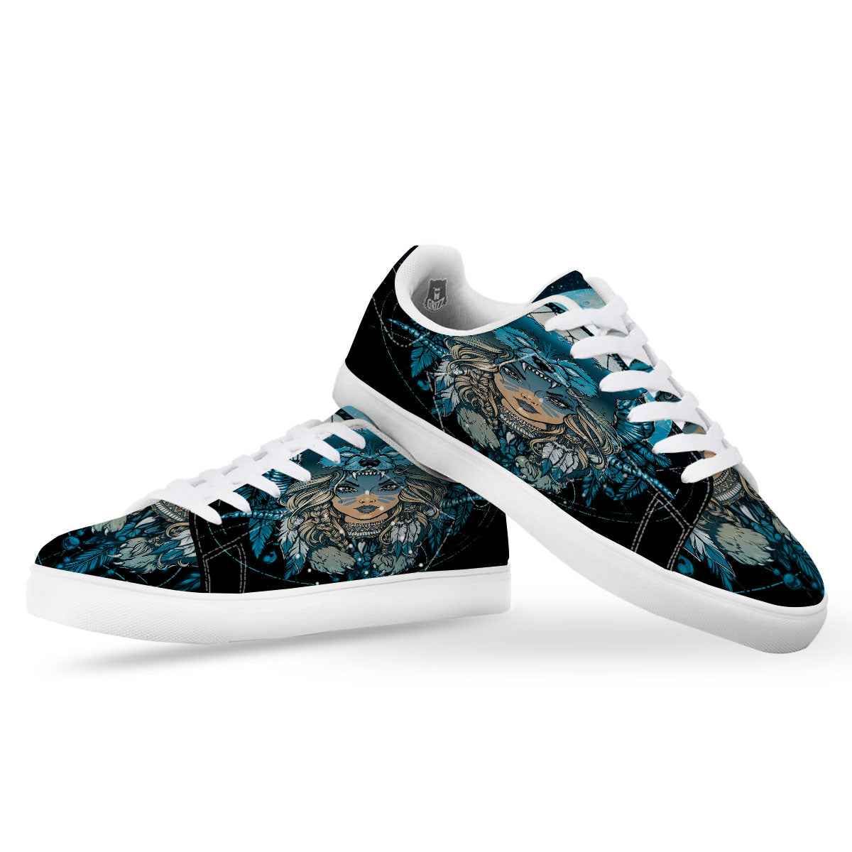 Wolf Girl Native American Print White Low Top Sneakers-grizzshop