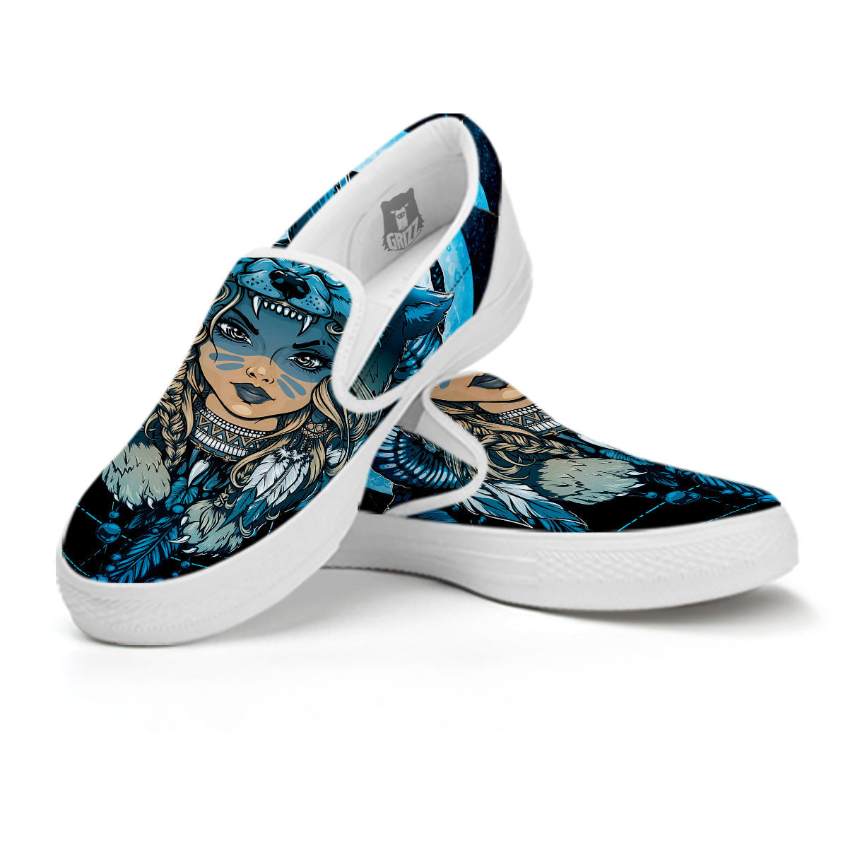 Wolf Girl Native American Print White Slip On Shoes-grizzshop