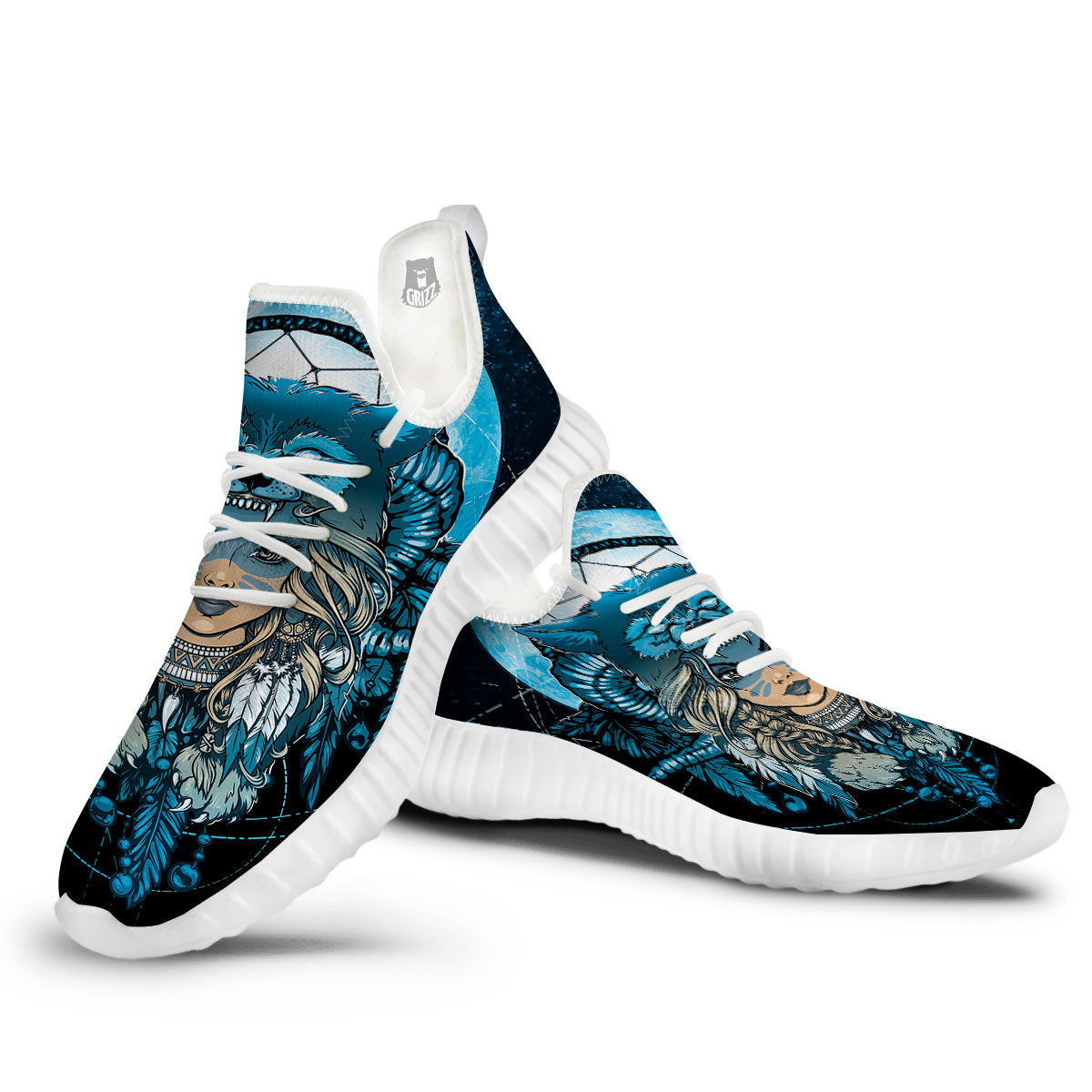 Wolf Girl Native American Print White Walking Shoes-grizzshop