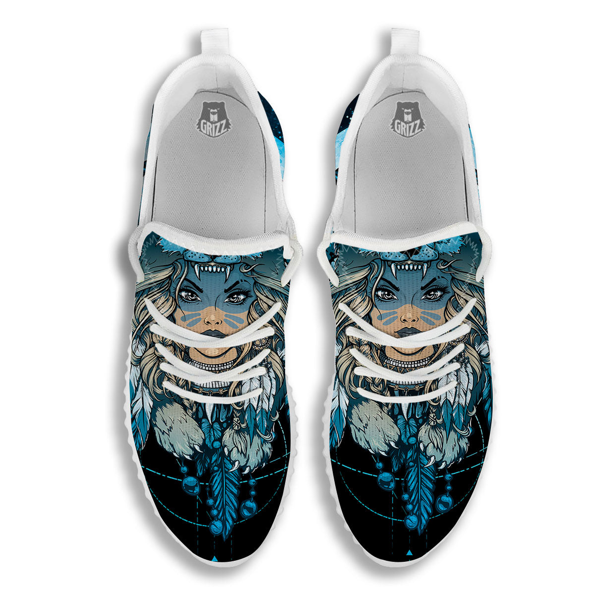 Wolf Girl Native American Print White Walking Shoes-grizzshop