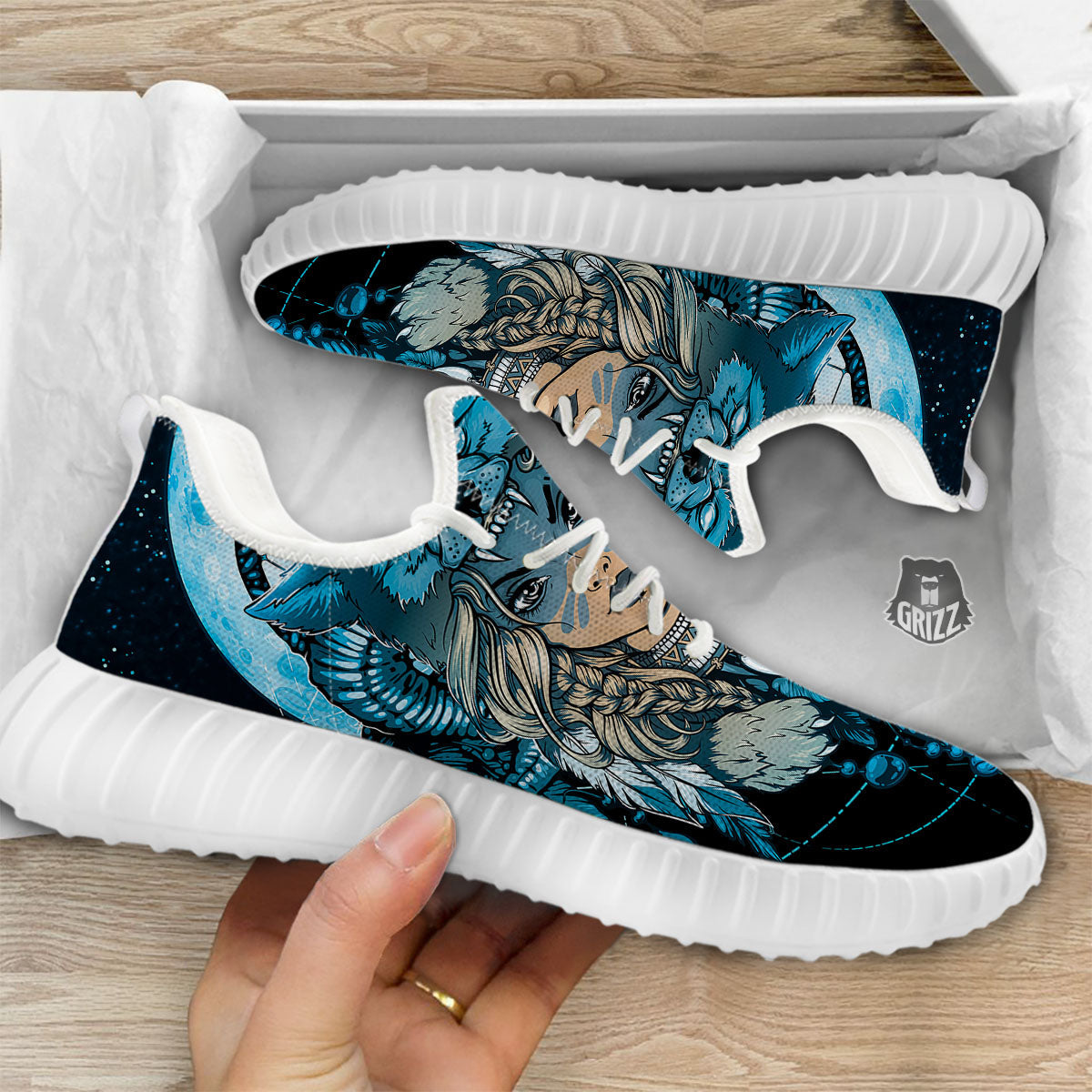 Wolf Girl Native American Print White Walking Shoes-grizzshop