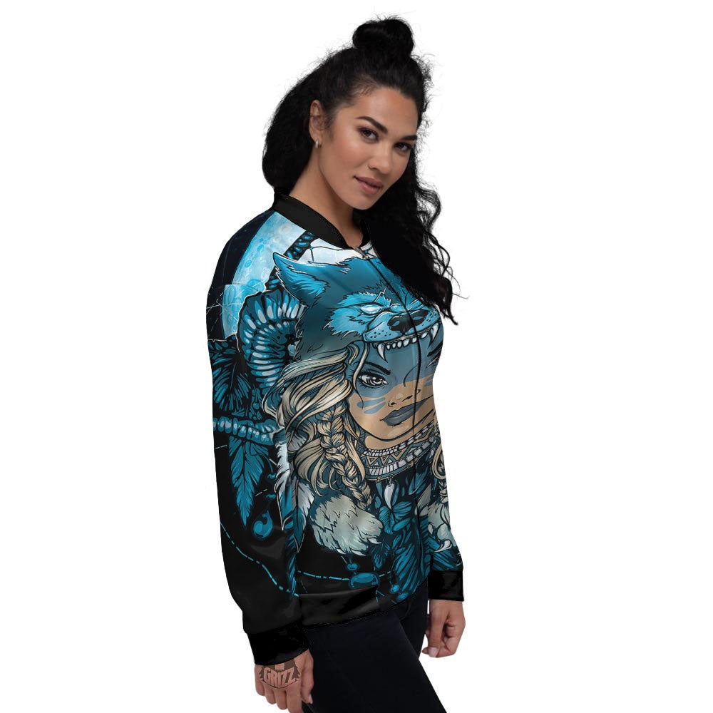 Wolf Girl Native American Print Women's Bomber Jacket-grizzshop