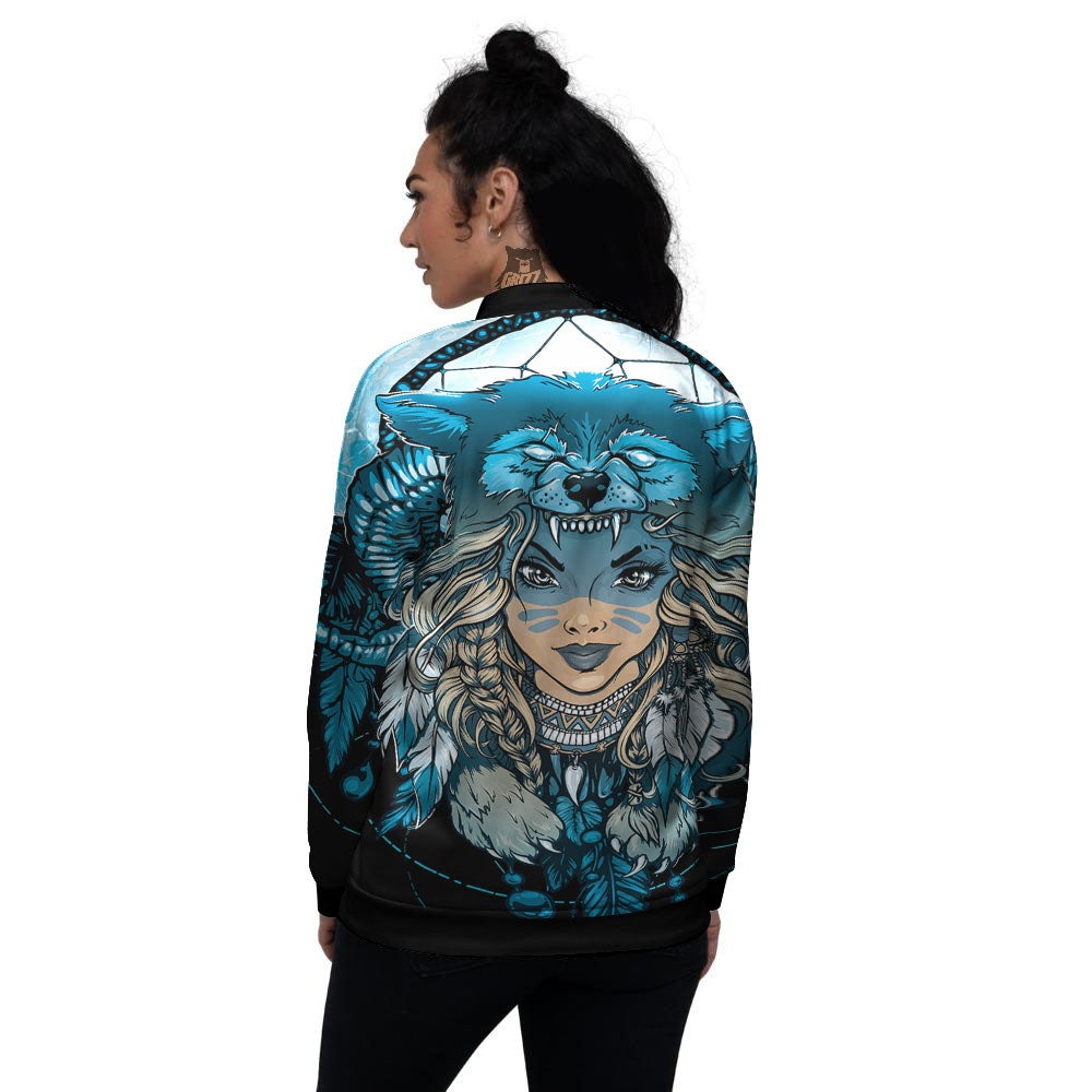 Wolf Girl Native American Print Women's Bomber Jacket-grizzshop