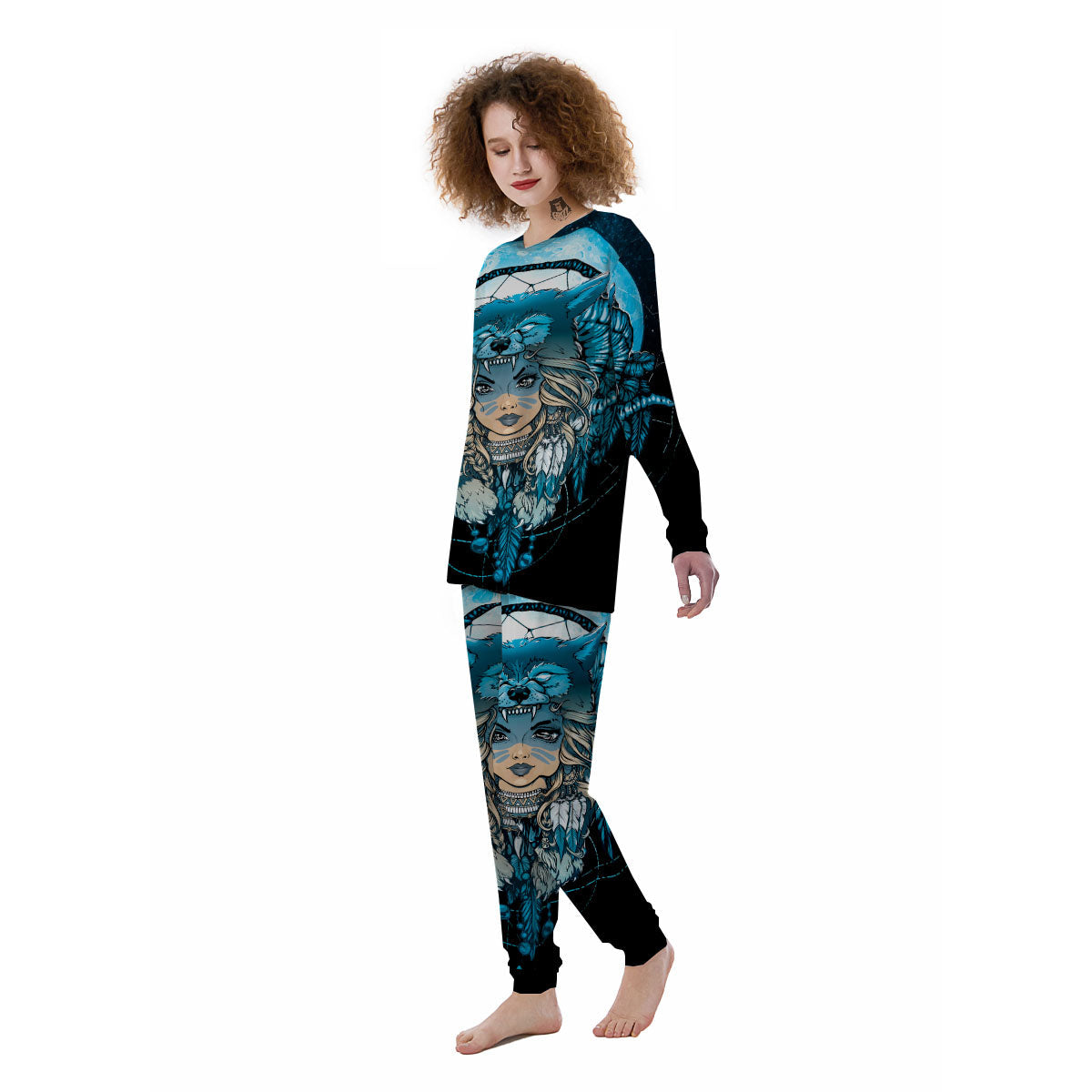 Wolf Girl Native American Print Women's Pajamas-grizzshop