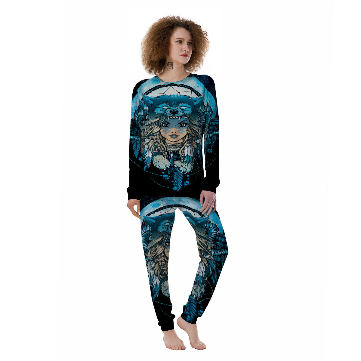 Wolf Girl Native American Print Women's Pajamas-grizzshop