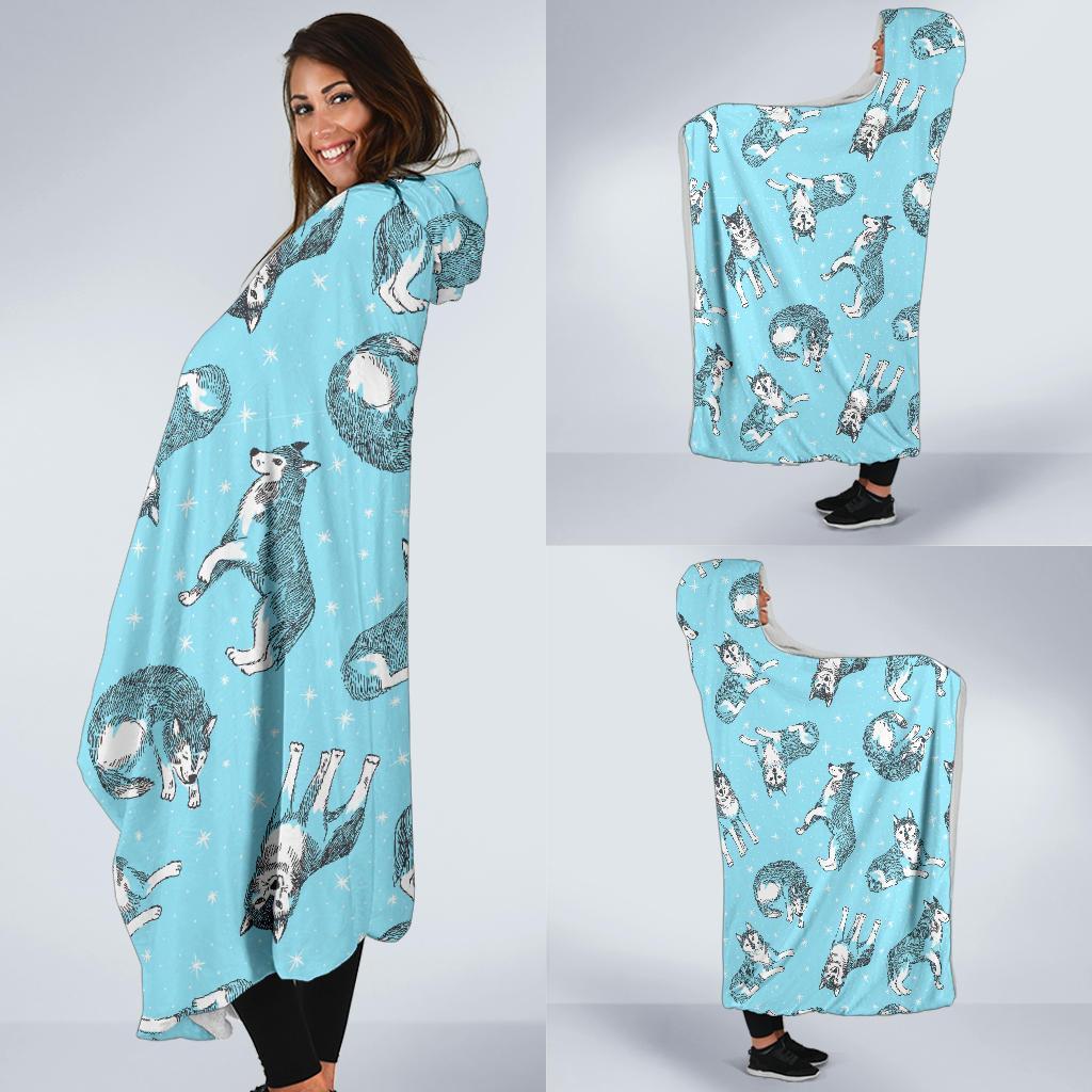 Wolf Hand Drawn Pattern Print Hooded Blanket-grizzshop