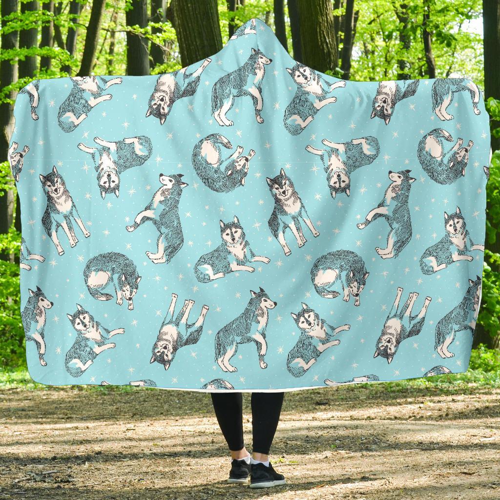 Wolf Hand Drawn Pattern Print Hooded Blanket-grizzshop