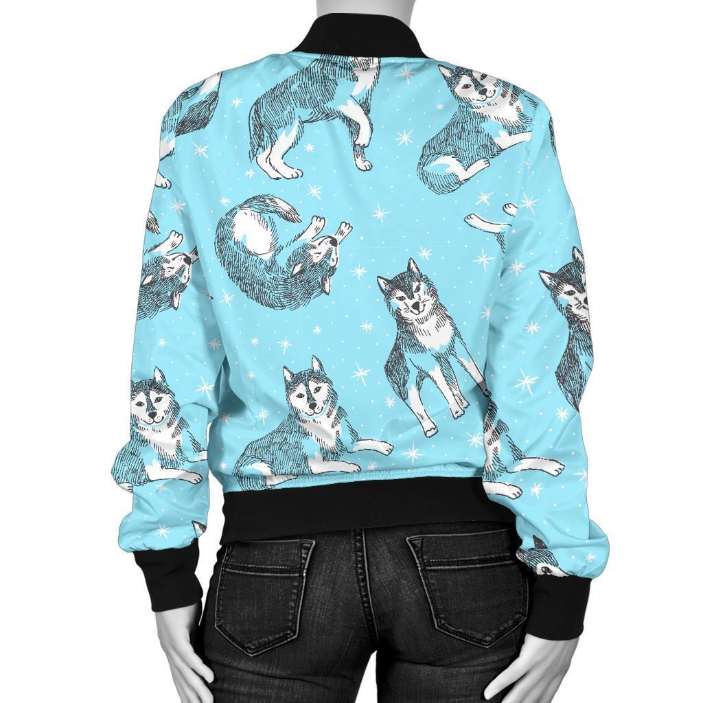 Wolf Hand Drawn Pattern Print Women Casual Bomber Jacket-grizzshop