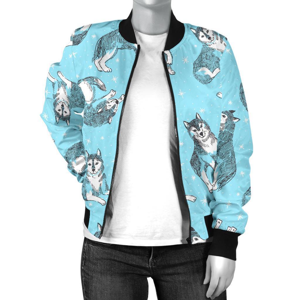 Wolf Hand Drawn Pattern Print Women Casual Bomber Jacket-grizzshop