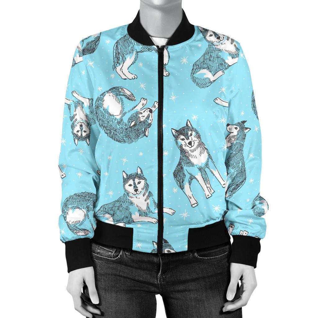 Wolf Hand Drawn Pattern Print Women Casual Bomber Jacket-grizzshop