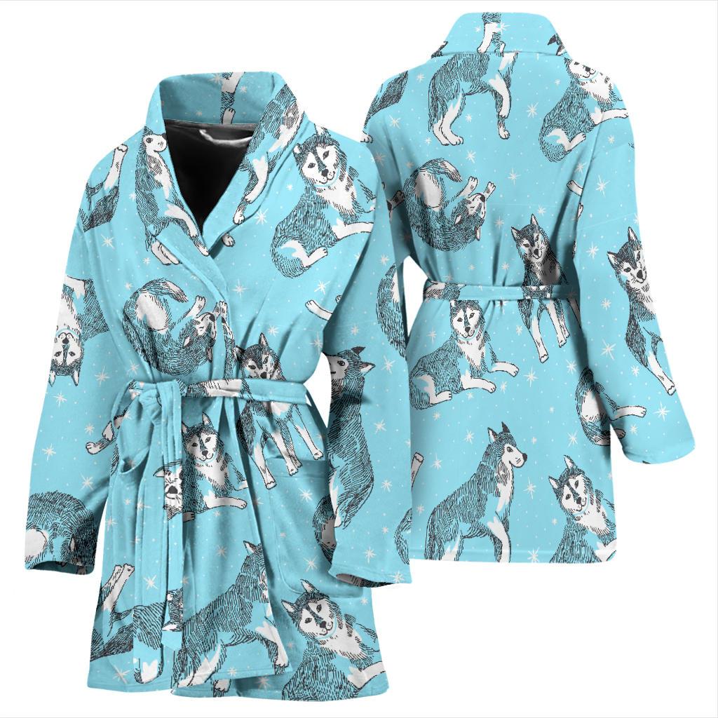 Wolf Hand Drawn Pattern Print Women Long Robe-grizzshop