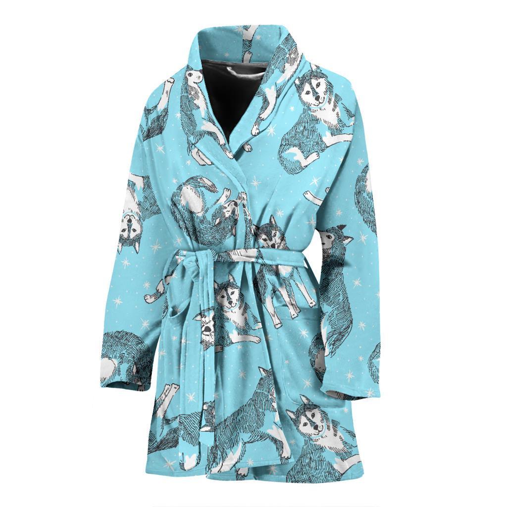 Wolf Hand Drawn Pattern Print Women Long Robe-grizzshop