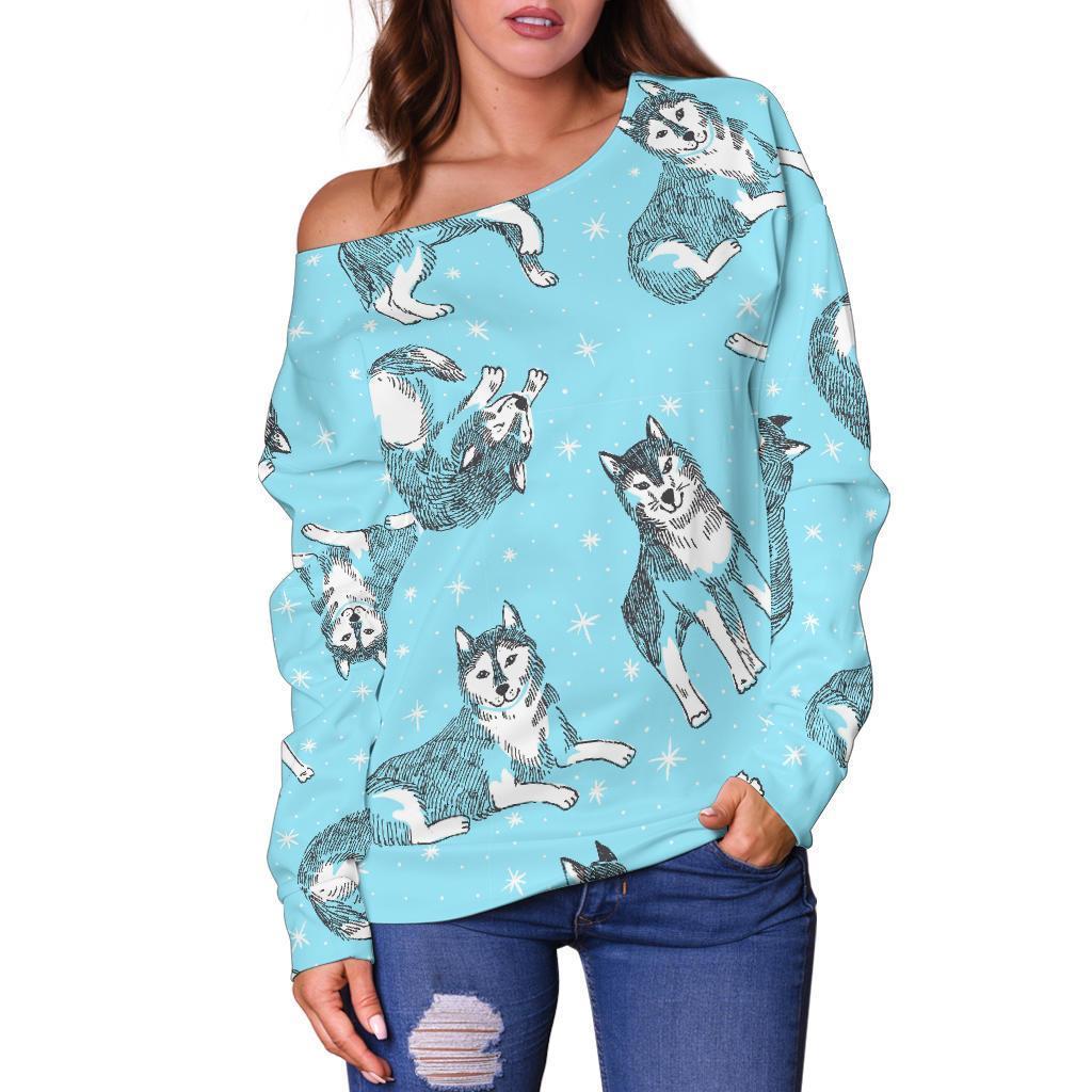 Wolf Hand Drawn Pattern Print Women Off Shoulder Sweatshirt-grizzshop