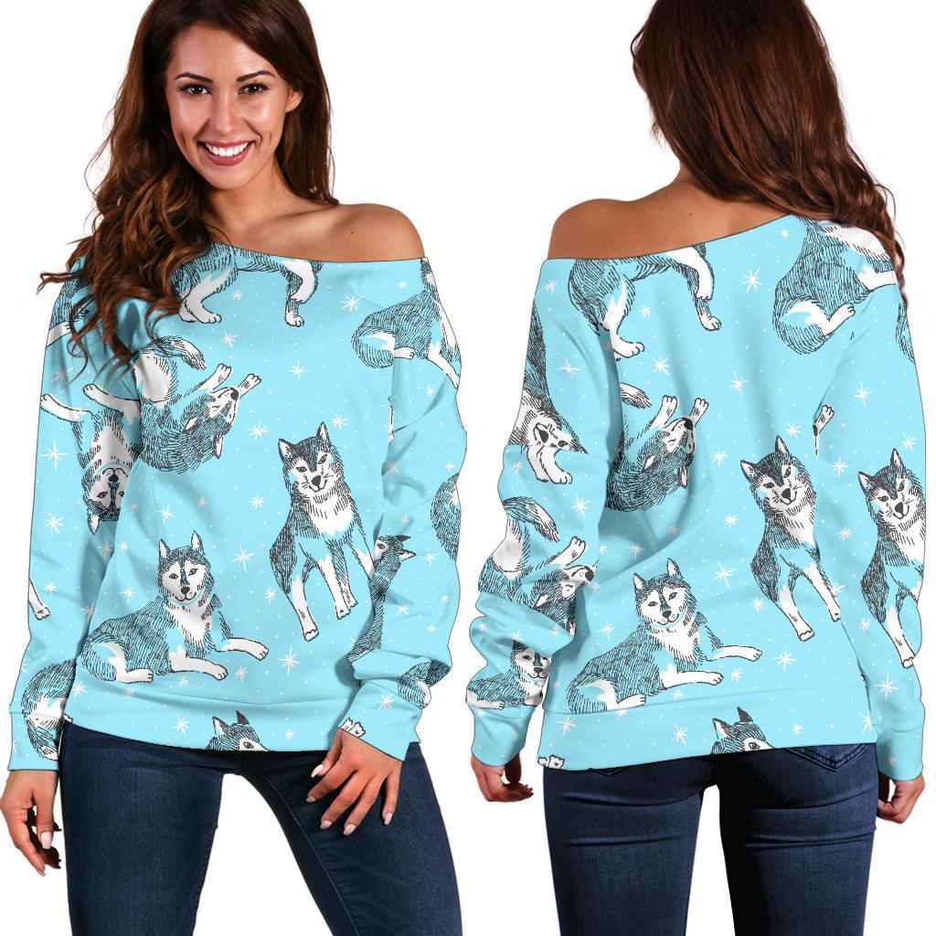 Wolf Hand Drawn Pattern Print Women Off Shoulder Sweatshirt-grizzshop