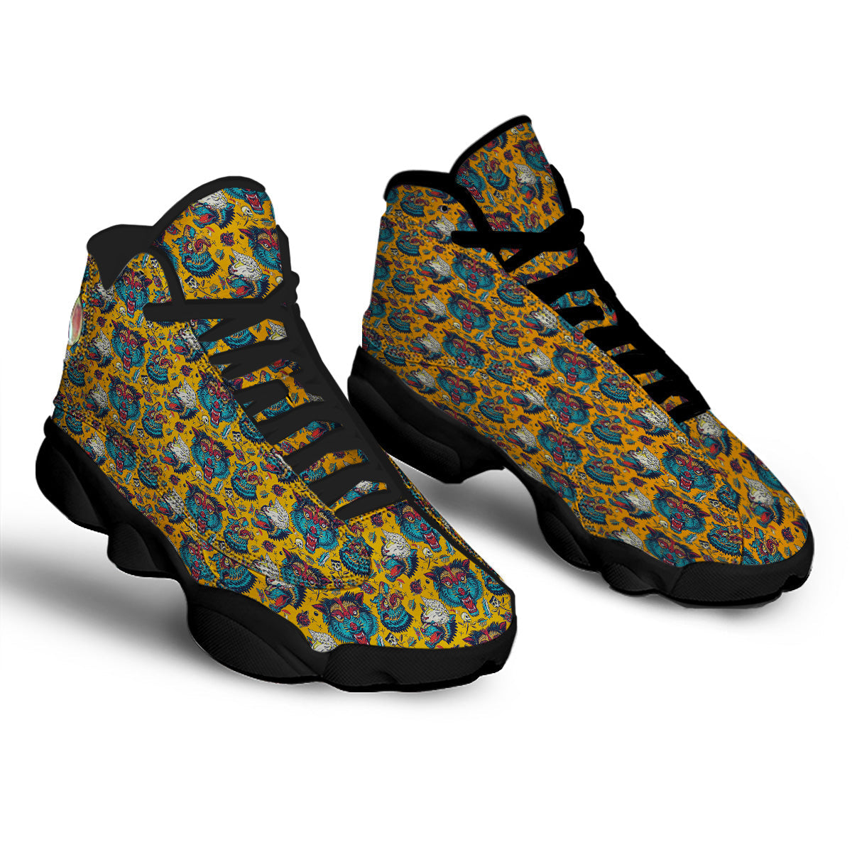 Wolf Head Yellow Tattoo Print Pattern Black Basketball Shoes-grizzshop