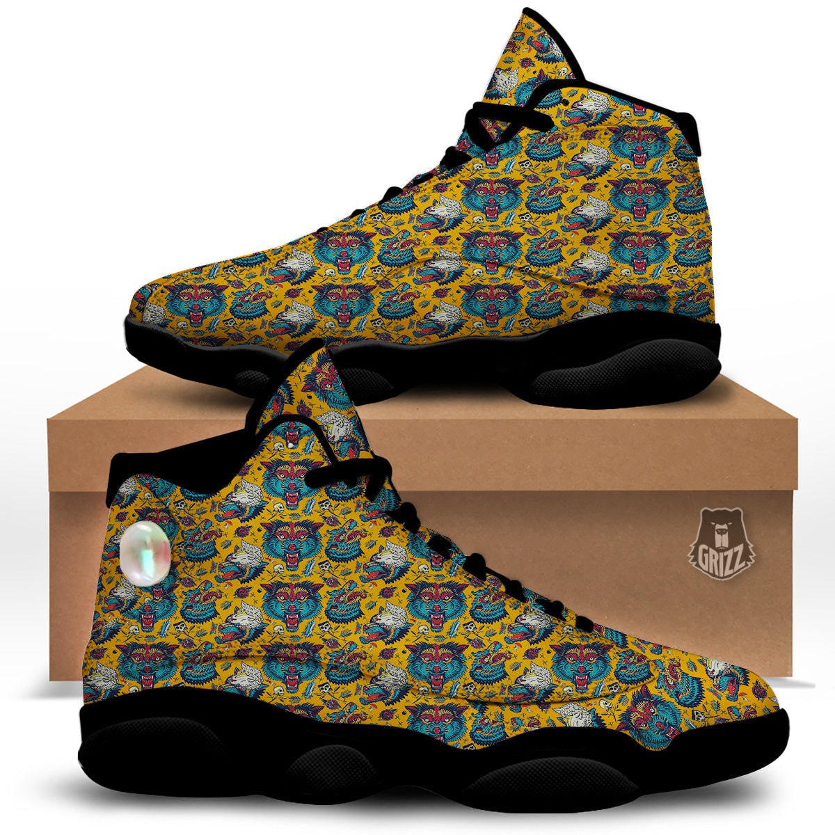 Wolf Head Yellow Tattoo Print Pattern Black Basketball Shoes-grizzshop
