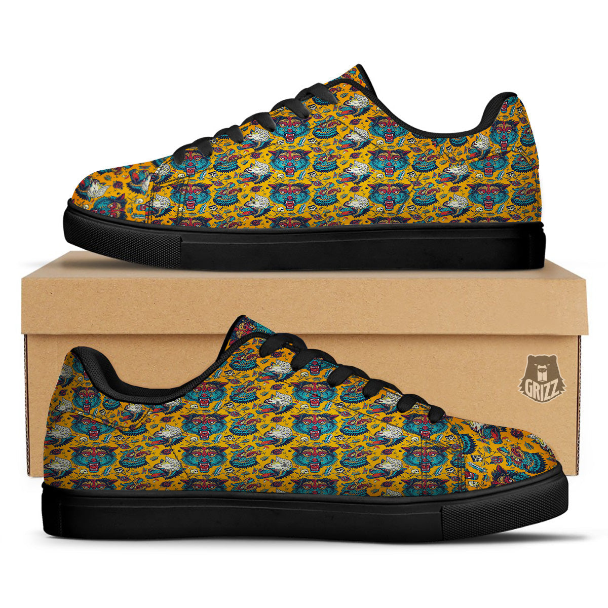 Wolf Head Yellow Tattoo Print Pattern Black Low Top Sneakers-grizzshop