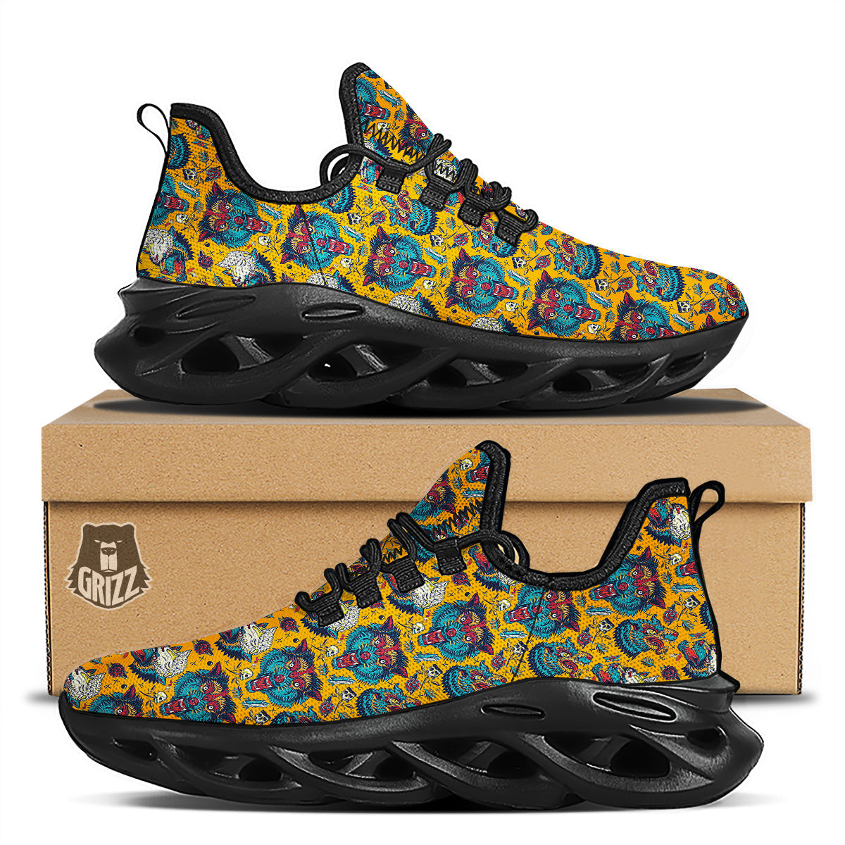 Wolf Head Yellow Tattoo Print Pattern Black Running Shoes-grizzshop
