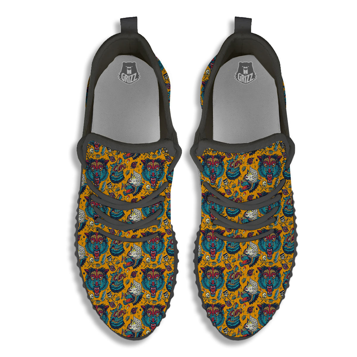 Wolf Head Yellow Tattoo Print Pattern Black Walking Shoes-grizzshop