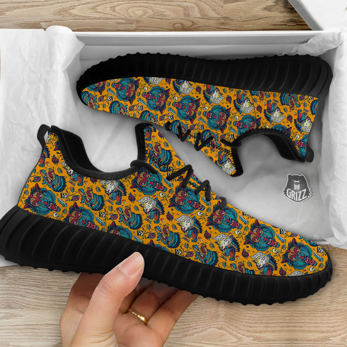Wolf Head Yellow Tattoo Print Pattern Black Walking Shoes-grizzshop