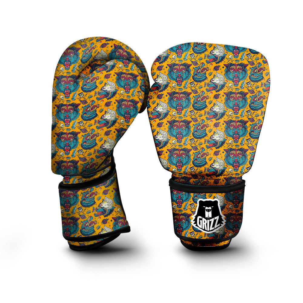Wolf Head Yellow Tattoo Print Pattern Boxing Gloves-grizzshop