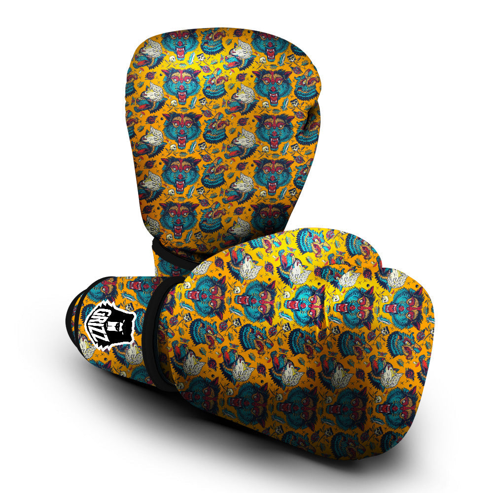 Wolf Head Yellow Tattoo Print Pattern Boxing Gloves-grizzshop