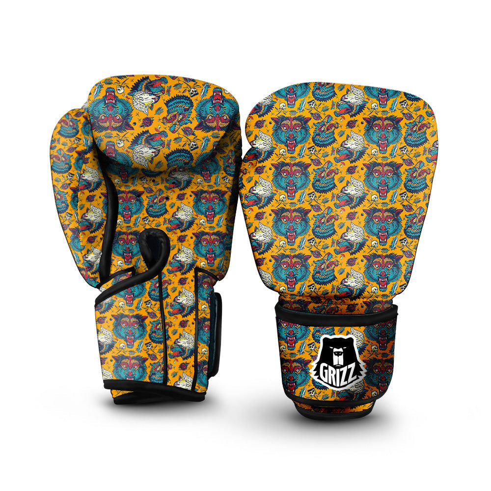 Wolf Head Yellow Tattoo Print Pattern Boxing Gloves-grizzshop