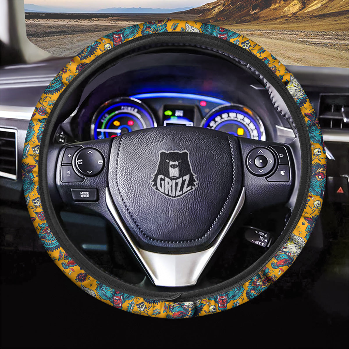 Wolf Head Yellow Tattoo Print Pattern Car Steering Wheel Cover-grizzshop