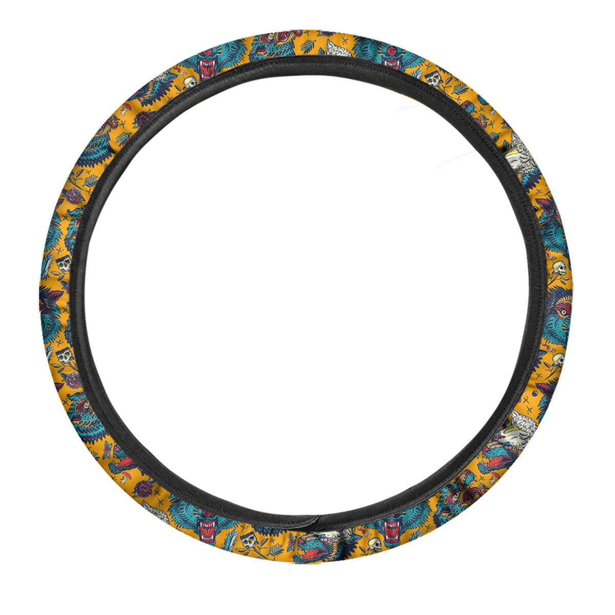Wolf Head Yellow Tattoo Print Pattern Car Steering Wheel Cover-grizzshop