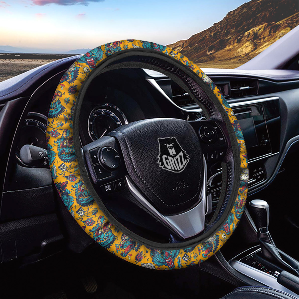 Wolf Head Yellow Tattoo Print Pattern Car Steering Wheel Cover-grizzshop