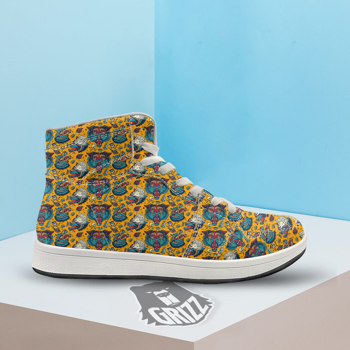 Wolf Head Yellow Tattoo Print Pattern High Top Sneakers-grizzshop