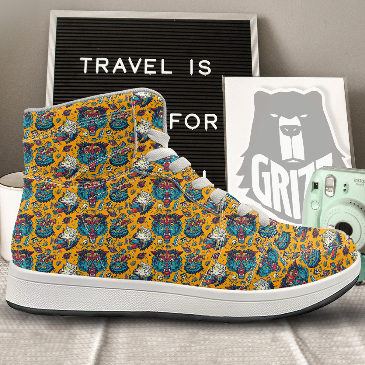 Wolf Head Yellow Tattoo Print Pattern High Top Sneakers-grizzshop