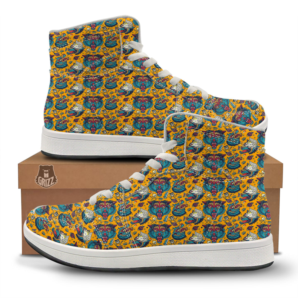 Wolf Head Yellow Tattoo Print Pattern High Top Sneakers-grizzshop