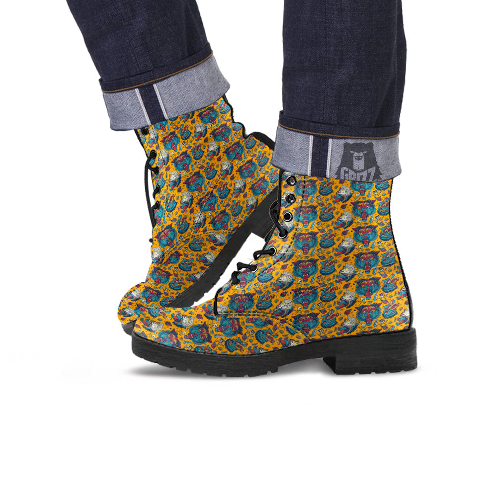 Wolf Head Yellow Tattoo Print Pattern Leather Boots-grizzshop